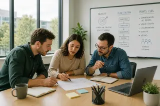 Trois collègues autour d'une table de réunion discutent et prennent des notes face à un document, avec ordinateur portable et lumière naturelle en arrière-plan.