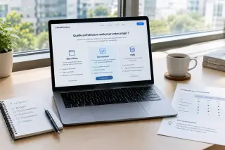 Modern office desk with an open laptop showing a website comparison, daylight through a window, coffee cup, notepad, and paper documents, conveying a business decision-making atmosphere.