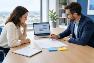 Deux professionnels discutent d’un projet web autour d’un ordinateur et de documents de planification dans un bureau lumineux.